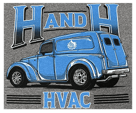 image 1 (6) Blue vintage van with "H and H" text.