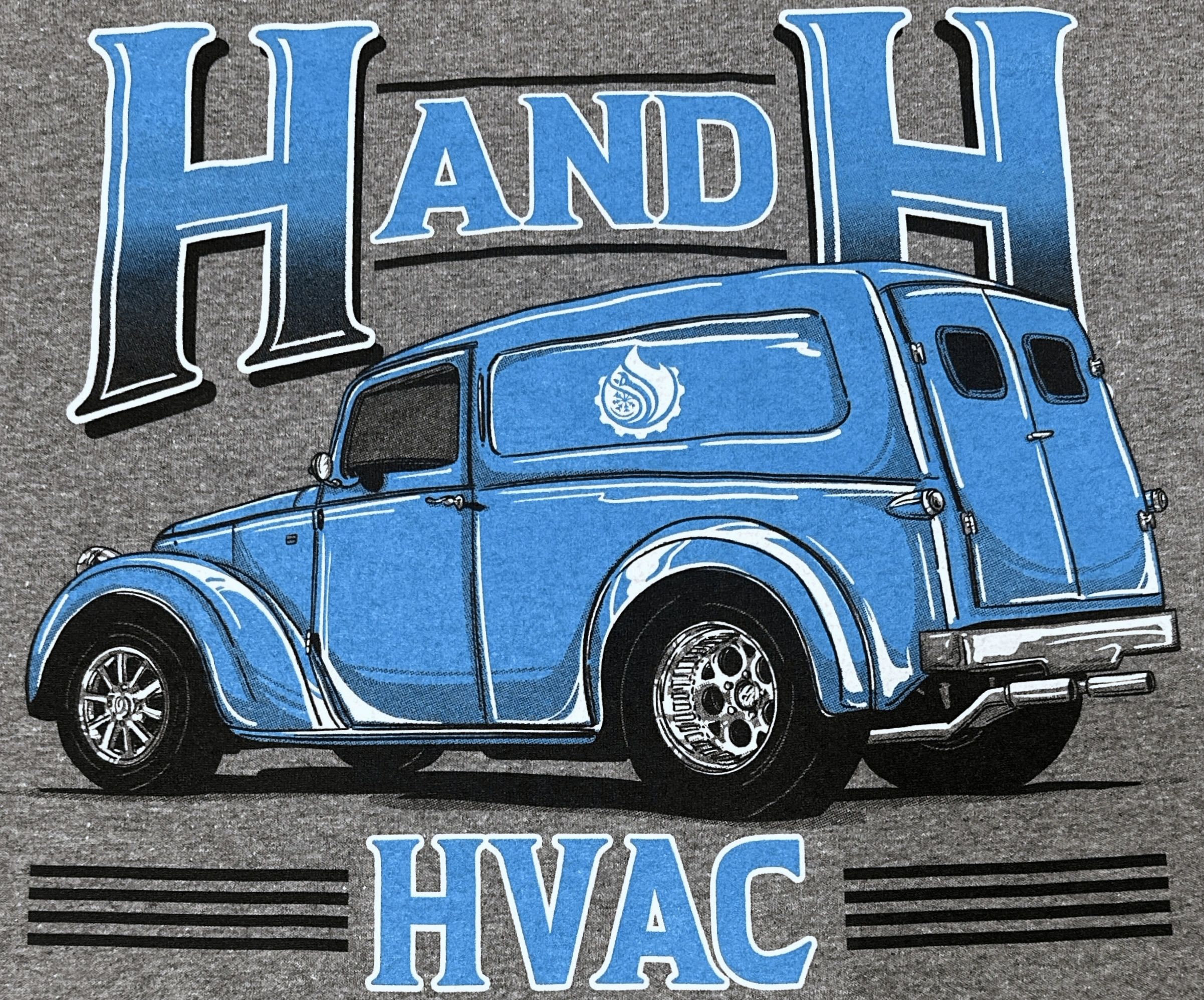 H20and20H20logo202 Blue vintage van with "H and H HVAC".